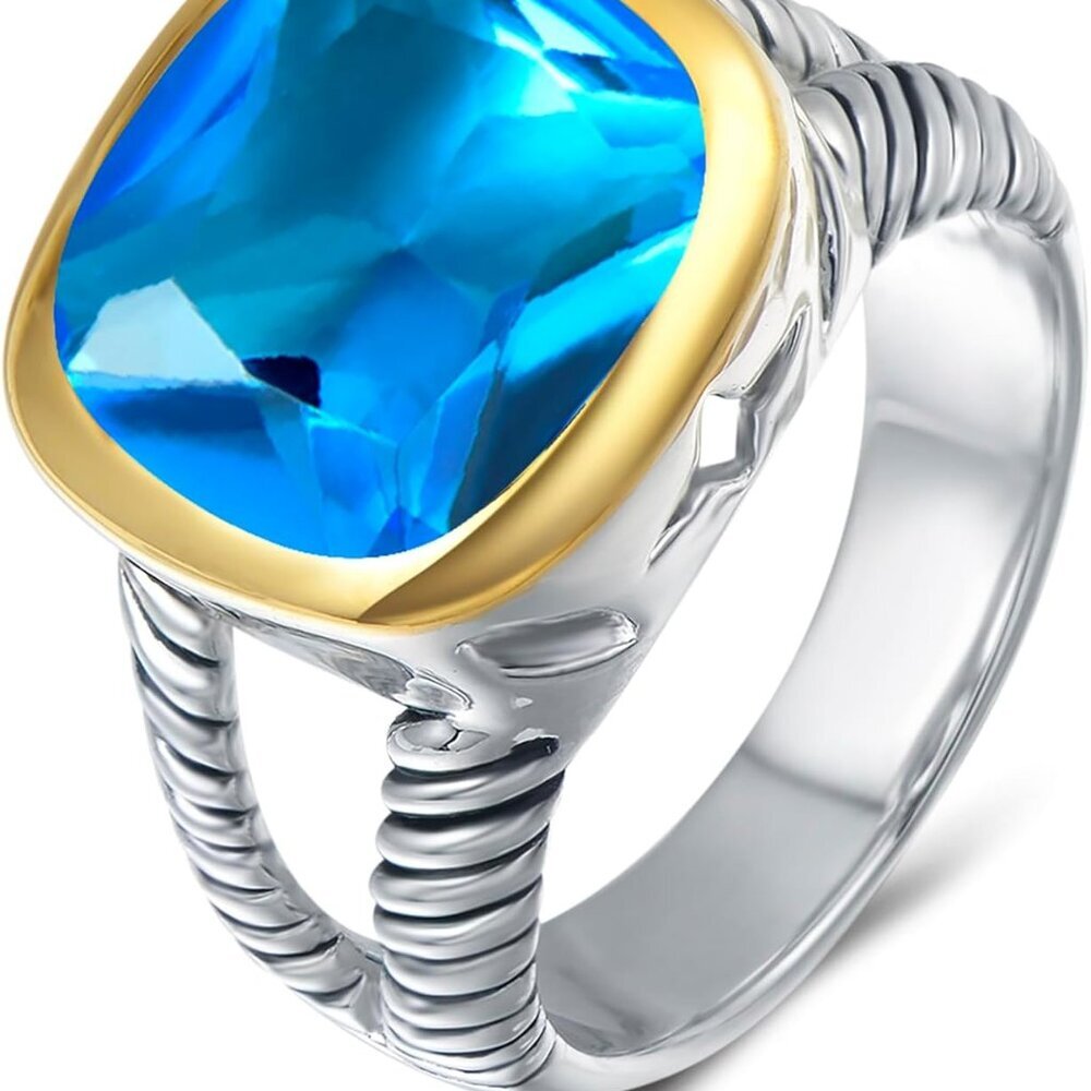 Jewel Twisted Cable Wire Two Tone Cusion Cut CZ Statement Ring Designer Inspired